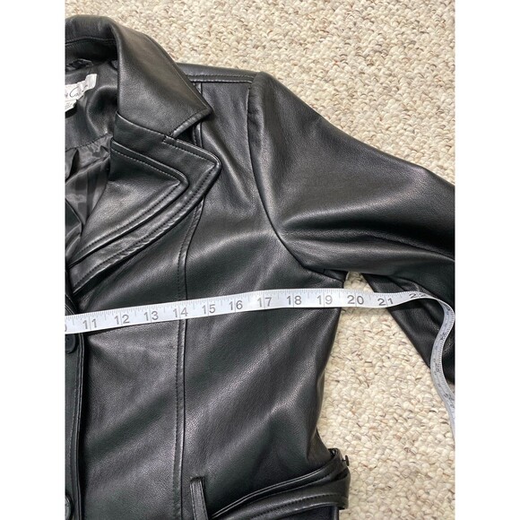 Kenneth Cole Black Faux Leather Trench Coat – Belted Longline Moto Chic M - Picture 6 of 12